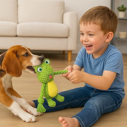 Cotton Rope Squeaky Dog Toy with Crinkle Paper – Interactive Plush Chew Toy for Small & Medium Puppies, Frog Design - color: Green