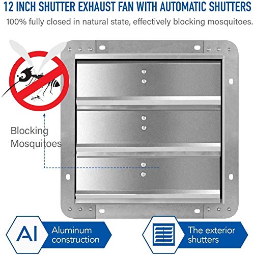 iPower 12 Inch Wall Mounted Shutter Exhaust Fan with Temperature Controller and Power Cord Kit, Aluminum, 1600 RPM, 940 CFM, for Attic, Garage, Louvered Vent, Plant, Greenhouse, Silver - size: 12 Inch, style: Temp Controller Exhaust Fan(with Power Cord)