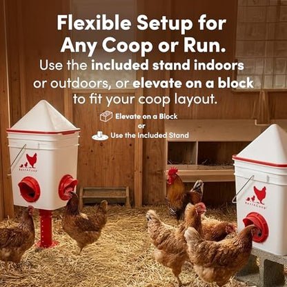 RentACoop 25lb BPA-Free Chicken Feeder with 4 Large Ports - Includes Lid, Anti-Roost Cone, Rain Hoods, and Custom Adjustable Stand - Large Capacity No-Waste Poultry Feeder - Center Placement