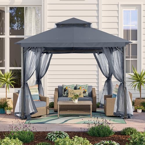 MASTERCANOPY Outdoor Patio Gazebo with Double Roofs, Stable Steel Frame and Mosquito Netting (9x9,Dark Gray) - color: Dark Gray, size: 9x9
