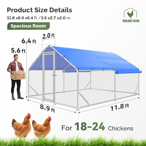 Sino Luban Large Metal Chicken Coop Run with Galvanized Hardware Cloth for 20 Chickens/Ducks, Chicken Runs for Yard with Waterproof Cover, Chicken Enclosure Pen Outdoor, Walk-in Poultry Cage - size: 141.7"L x 106.3"W x 76.8"H