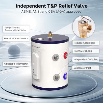 ThermoMate Tank Water Heater Electric, 8 Gallon Small Point of Use Residential Hot Water Heater, 1500W 120Volt Compact, Adjustable Thermostat, UL Listed (ES900) - style: 8 Gallons