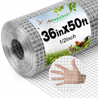 Amagabeli Hardware Cloth 1/2 inch 36 x 50 ft 19 Gauge Chicken Wire Fence Hot-Dipped Galvanized After Welding Wire Mesh Roll for Vegetable Garden Fencing Plant Supports Poultry Cage Snake Gopher - size: 1/2" 36"x50'