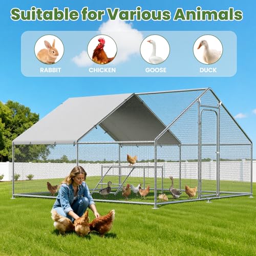 Large Chicken Coop with Roosting Ladder, Waterproof and UV-Resistant Cover, 13.1' W x 9.8' L x 6.4' H Outdoor Walk-in Cage Chicken Run for Yard Farm Rabbit Duck Chicken, Spire Roof - size: 13.3x10.1Ft