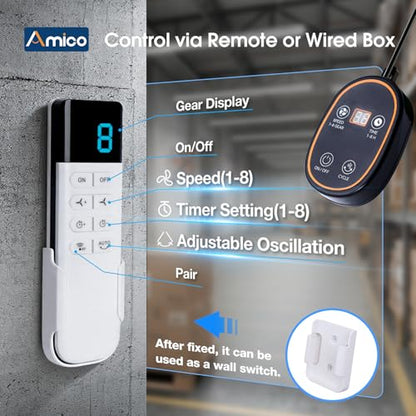 Amico 20" Industrial Wall Mount Fan with Remote Control, 5000 CFM High Velocity Oscillating Wall Mounted Fan, DC Motor Commercial Shop Fan for Garage, Workshop, Gym, Patio, Indoor/Outdoor