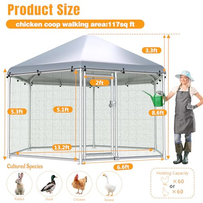 Large Metal Chicken Coop, Chicken Runs for Yard with Cover Walk-in Poultry Cage for 10 20 Chickens,Chicken Pen Duck Coop with Water-Resident Top and Feeding Door, Hexagon Hen House 13.2Lx11.4Wx8.6H FT - size: 13.2'L x 11.4'W x 8.6'H