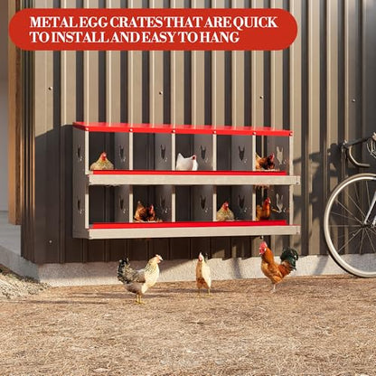 Chicken Nesting Box,10 Compartments Galvanized Steel Metal Chicken Laying Box with Roll Out Egg Collection,Wall Mount Chicken Nesting Boxes,Easy Egg Collection, Hen Roosting Boxes - color: Red, size: 10 Holes