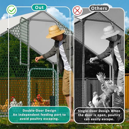 Large Metal Chicken Coop, Walk-in Chicken Run with Feeding Door, Security Lock and Cover, Outdoor Duck/Rabbit Cage Poultry Pen for Backyard, Farm, Yard (Silver - Spire Roof, 9.8 x 6.5 x 6.5 FT)