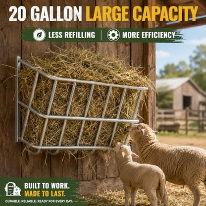 20 Gallon Wall Mount Hay Feeder, Metal Hay Rack for Goats and Horses | Galvanized steel, livestock feeding rack, barn stall feed holder, space-saving, rounded edges, easy install - color: 20 Gallon