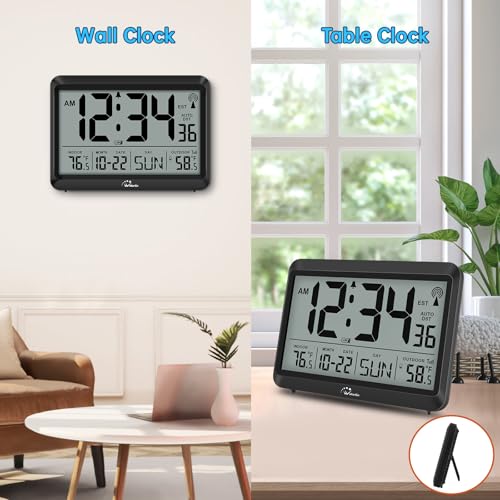 WallarGe Atomic Clock with Indoor Outdoor Temperature - 8.5'' Digital Clock Battery Operated, Self-Setting, 4 Time Zones, DST - size: 8.5 INCH