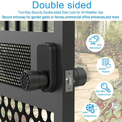Double Sided Keypad Door Knob with Dual Cylinders and Key Alike, iuknob Keyless Entry Smart Door Lock for Entrance, Fence, Gate, Swimming Pool,Waterproof and Weatherproof for Outdoor & Interior Door.