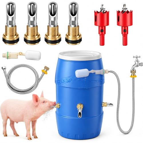 Automatic Pig Waterer Nipple System, Stainless Steel Pig Waterer with Brass Water Tank Connector Kit, Hog Water Drinker Feeder with Float Valve and Garden Hose for Pig Goats Piglets