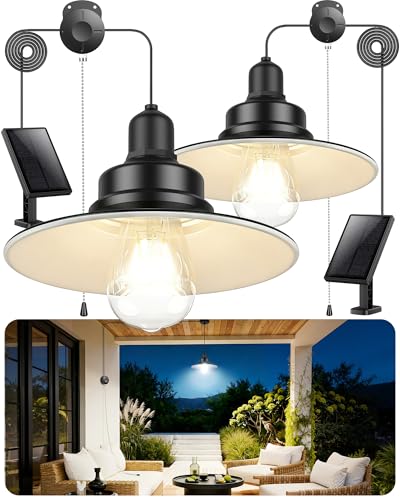 Solar Pendant Light Indoor Outdoor, Solar Shed Light IP65 Waterproof Metal Powered Hanging Chandelier, Gazebo Lights with Pull Cord for Garden, Chicken Coop, Gazebo, Barn-White 2Paks - color: White, size: 2 Packs