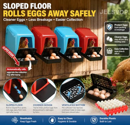 Chicken Nesting Box with Plastic Egg Trays, 10 Pack Nesting Boxes for Chickens with Egg Collection, Breathable Chicken Laying Boxes & Stackable Egg Tray for Chicken Coops and Farms - Red - color: Red