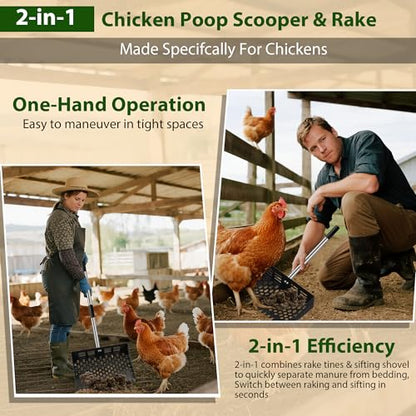 2 in 1 Chicken Poop Scooper & Rake, 12" Chicken Coop Scooper With Ergonomic Grip, Durable Chicken Scooper for Poop With 4 Length Adjustable Stainless Steel Handle(24 to 67") Litter Sifting Shovel