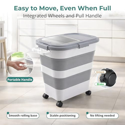 Home & Hearthly Collapsible Rice Storage Container 25–35 lbs, Airtight, Space-Saving Food Storage Bin with Wheels and Measuring Cup, Easy-Pour Grain Dispenser for Rice, Flour and Pet Food