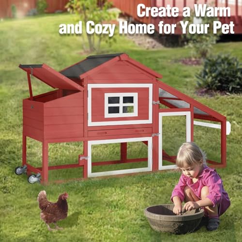 Chicken Coop with Wheels, Mobile Outdoor Chicken House with Leakproof Pull-on Tray, Nesting Box, Waterproof Roof - Red - color: Red