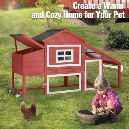 Chicken Coop with Wheels, Mobile Outdoor Chicken House with Leakproof Pull-on Tray, Nesting Box, Waterproof Roof - Red - color: Red