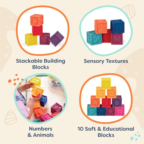B. toys – Baby Blocks – Stacking & Building Toys for Babies – 10 Soft & Educational Blocks – Numbers, Shapes, Colors, Animals – One Two Squeeze – 6+ Months - style: Blocks