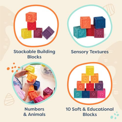 B. toys – Baby Blocks – Stacking & Building Toys for Babies – 10 Soft & Educational Blocks – Numbers, Shapes, Colors, Animals – One Two Squeeze – 6+ Months - style: Blocks