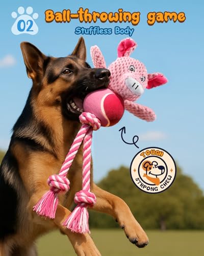 Swooflia Durable Squeaky Dog Toy - Interactive Plush Cute Pig with Rope Legs, Teeth Cleaning Tug Toy for Small Medium and Large Dogs, Puppy Chew Toy for Training and Play - color: Pink
