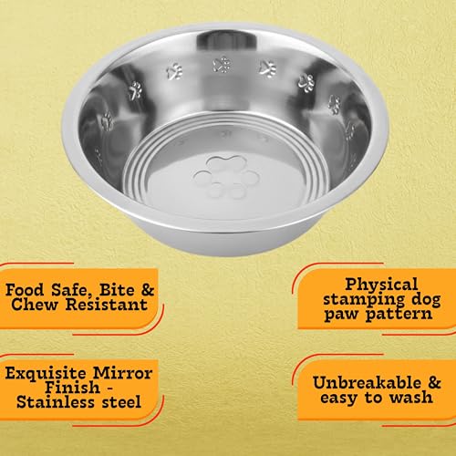 2-Pack Stainless Steel Dog Bowls, 9" Wide, 3" Height ~ Pet Food, Water Dish fits Raised Pet Feeder with Hole Width 8.3" to 8.7" - color: Double Pack, size: 8 cup (Embossed)