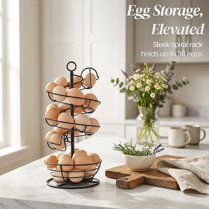 Flexzion Metal Egg Skelter Countertop Egg Holder - Sturdy Black Spiral Egg Holder with Bottom Basket and 360-Degree Rotatable Middle Pole Up to 36-Egg Capacity, Egg Storage Rack Solution - color: Black, size: Large Skelter