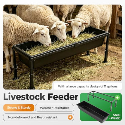 Livestock Feeder Water Trough 42" Long 11 Gallon with Adjustable | Stand for Feeding Farm Livestock Sheep Horses Chickens Pigs and Cattle Steel+Plastic Powder Coated