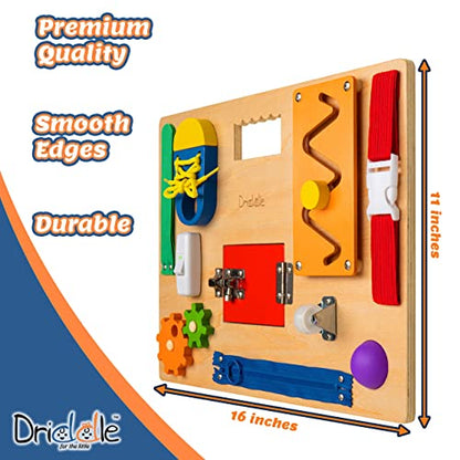 Driddle Busy Board - Wooden Montessori Activity Board for Toddlers & Kids - 12 Educational Sensory Toys to Learn Basic Life Skills & Develop Fine Motor Skills + Baby Mirror