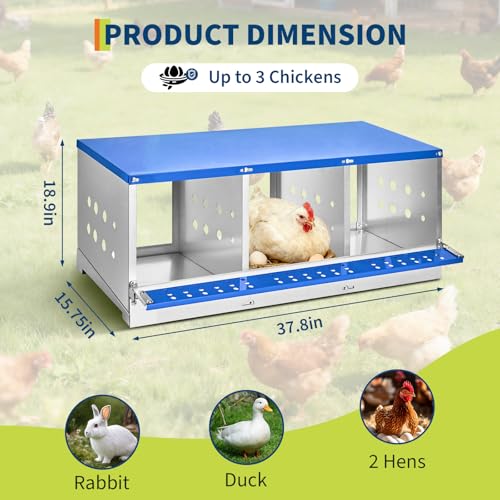 Chicken Nesting Box, 3 Compartment Nesting Boxes for Chickens, Durable Galvanized Steel, Ventilated with Dot Holes, Non-Slip, Wall Mountable Nesting Boxes for Chicken, Partitioned Design, Blue - size: 3 Compartment