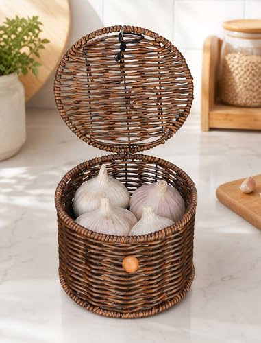 NiHome Garlic Keeper, Handwoven PP Rattan-Style Container with Ventilated Design for Countertop Kitchen or Pantry Use, Dark Brown
