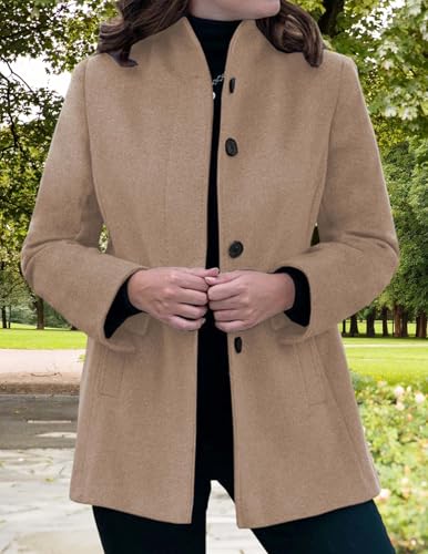 LIZALIG Women's Stand Collar Pea Coat Winter Long Sleeve Wool Blend Short Jackets Single Breasted Blazer Coat Outwear - color: Khaki, size: Medium