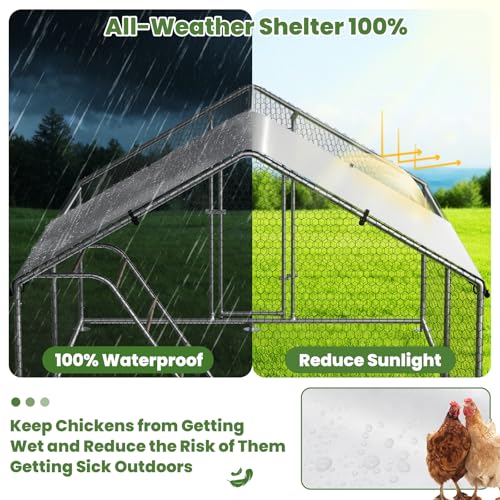 Large Chicken Coop with Waterproof and UV-Resistant Cover,10’ W x 9.9’ L x 6.4’ H Chicken Run Outdoor Walk-in Cage Metal Chicken Run for Yard Farm Use, Spire Roof - size: 10x10Ft