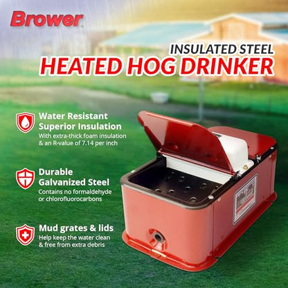 Brower Polyurethane Foam Insulated Galvanized Steel Electric Heated Livestock Pig Waterer with Lid and Mud Grates for 150 Hogs, Red