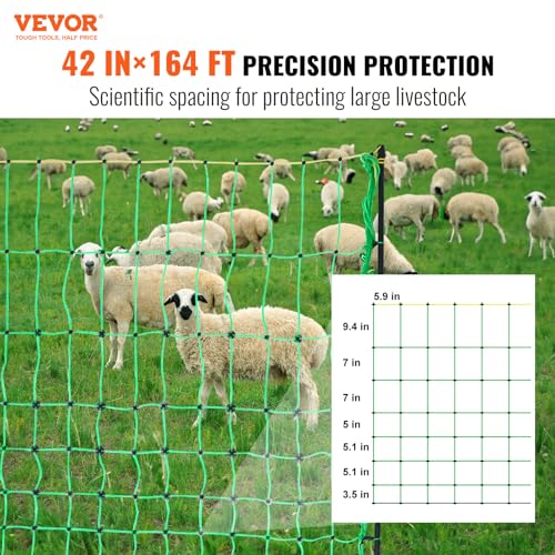 VEVOR Electric Fence Netting, 42"H x 164'L, PE Net Fencing with Posts and Double-Spiked Stakes, Utility Portable Mesh for Goats, Sheep, Lambs, Deer, Hogs, Dogs, for Farms, Backyards and Ranches - size: 42"H x 164'L, style: Livestock