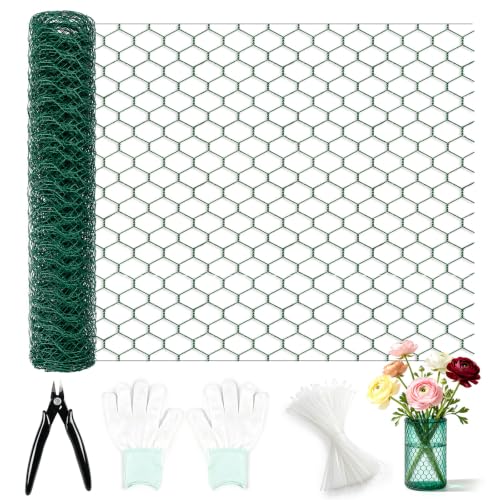 Green Chicken Wire for Floral Arrangements, Garden Fencing Netting | 15.7 x 394 in, PVC Coated, DIY Crafts, Poultry, Garden, Chicken Coop Wire, Rabbit Enclosure, w/Zip Ties Cutting Pliers Gloves - size: 15.7 x 394 inch