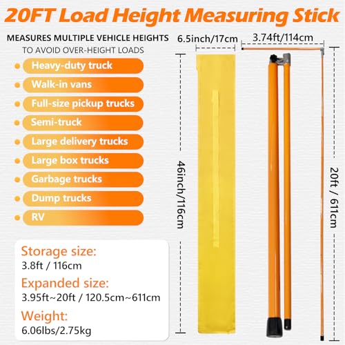 20FT Load Height Measuring Stick, Imperial & Metric Measurement Sticks for Trucks, Car Hauler, Trailer, RV, Retractable Truck Height Stick with Carrying Bag - size: 20ft height stick