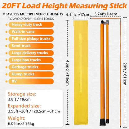 20FT Load Height Measuring Stick, Imperial & Metric Measurement Sticks for Trucks, Car Hauler, Trailer, RV, Retractable Truck Height Stick with Carrying Bag - size: 20ft height stick