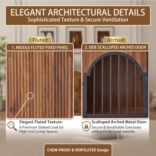87" Extra Large Dog Crate TV Stand for 2 Dogs, Double Dog Crate with Removable Divider, Heavy Duty Wooden Dog Kennel with Arched Metal Doors & 4.3" Robot Vacuum Clearance, Ships in 2 Boxes (Walnut) - color: Walnut