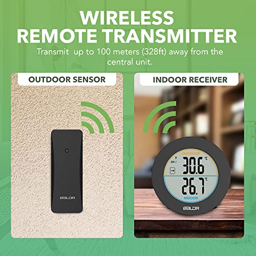 BALDR Wireless Indoor Outdoor Thermometer - 2.5” LCD Display Digital Thermometer for Home - Surface or Wall Thermometers Indoor & Outdoor Weather Station, Wireless Remote Transmitter Included (Black)