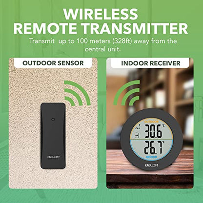 BALDR Wireless Indoor Outdoor Thermometer - 2.5” LCD Display Digital Thermometer for Home - Surface or Wall Thermometers Indoor & Outdoor Weather Station, Wireless Remote Transmitter Included (Black)