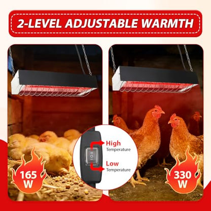 Dual Watt Heat Lamp for Chickens - Chicken Coop Heater with Carbon Fiber Bulb,2 Temperature Adjustable (165/330W),Hanging Heat Lamp for Chicks,Pets and Poultry