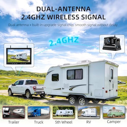 eRapta Magnetic Wireless Backup Camera Kit with HD1080P 10” DVR Monitor, Dual RV/Trailer/Truck/Tractor Cameras Wireless System, No Wiring, 9600mAh Rechargeable Battery, IR Night Vision-ACT1002 - size: 10 inch-2 cameras