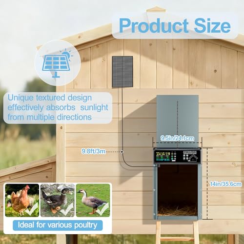 Solar Powered Automatic Chicken Coop Door with 6 Modes, Smart Anti-Pinch, Color LCD Display, All-Weather Operation, Aluminum Auto Chicken Door with Programmable Remote Control (Light Blue)