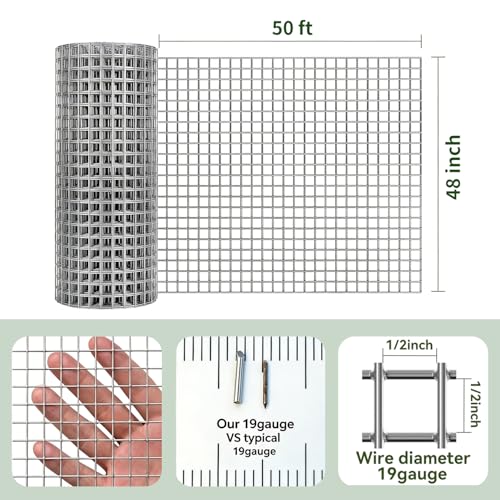 Amagabeli Hardware Cloth 1/2 inch 48 in x 50 ft True 19 Gauge Chicken Wire Double Galvanized Welded Wire Fencing Mesh Roll Garden Plant Support Poultry Netting Rabbit Cage Snake Gopher Fence - size: 1/2" 48"x50'