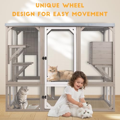 Ketive Catio Outdoor Cat Enclosure, Wooden Cat Catio, Large Weatherproof Cats House with Multiple Platforms and 1 Resting Boxes for Multiple Cats - size: 59" L x 27.5" W x 47.2" H