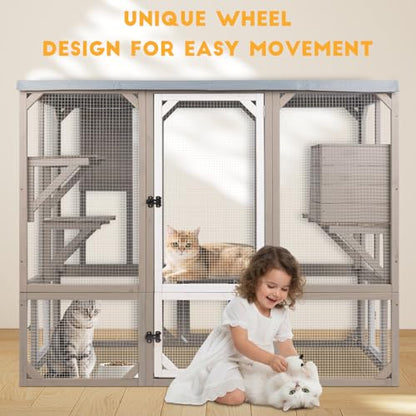 Ketive Catio Outdoor Cat Enclosure, Wooden Cat Catio, Large Weatherproof Cats House with Multiple Platforms and 1 Resting Boxes for Multiple Cats - size: 59" L x 27.5" W x 47.2" H