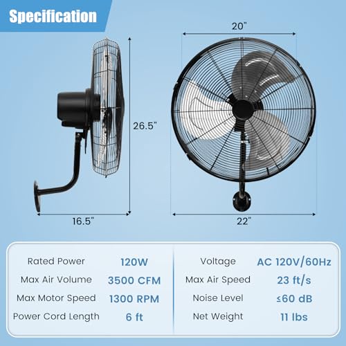 Tangkula 20 Inch Wall Mount Fan with Aluminum Blades, Industrial 3-Speed Oscillating Metal Wall Fan, Heavy Duty for Shop, Commercial, Garage, Warehouse, Workshops & Factory - style: 1-Pack
