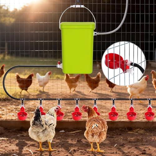 3.2Gal Automatic Chicken Waterer System Float Control Poultry Water Dispenser Complete Set Pipeline with Chicken Water Cups, Chicken Water Feeder for Chickens Ducks Geese Quail