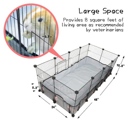 CHEGRON Guinea Pig Cages 8 Sq Ft Expandable C&C Cage Habitats for 2 Small Animal Pet Playpen Metal Grids Indoor Rabbit Fence Hedgehog Cage with PVC Bottom, 48 x 24 x 15.7 inch, 12 Panels - color: Grey-with Rope Liner